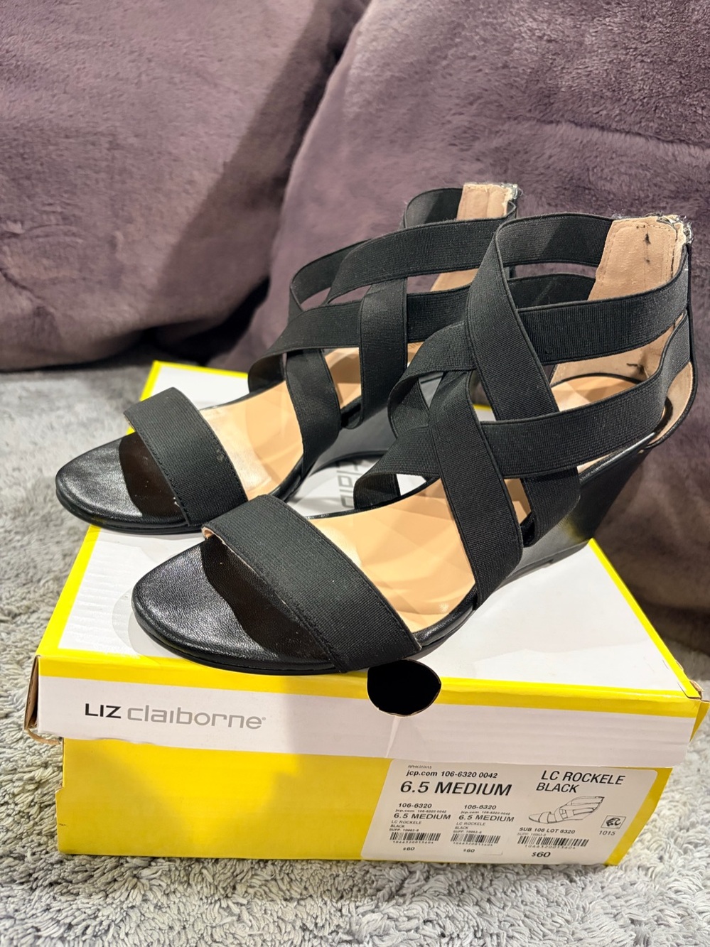 RARE Discontinued Liz Claiborne LC Rockele Black Strappy Wedges 6.5M